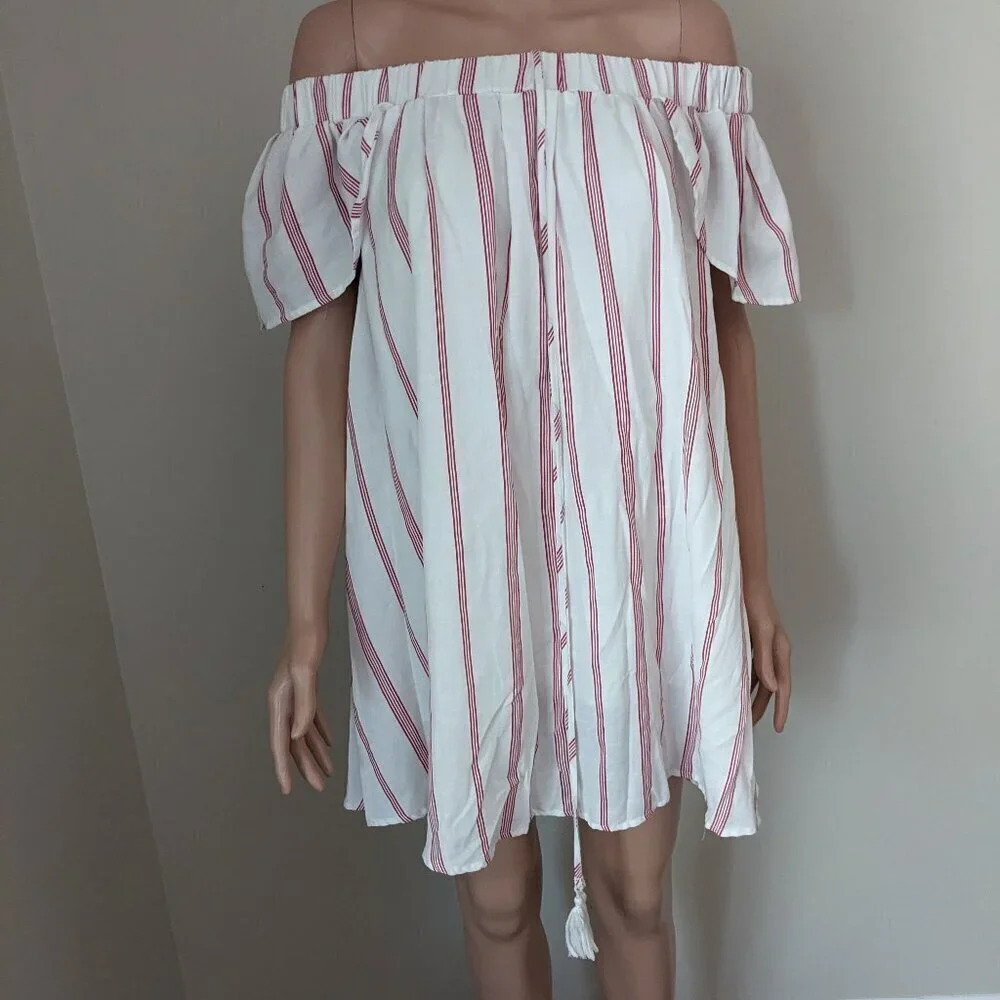 Hommage Stripe Cotton Off Shoulder Mini Dress Size M